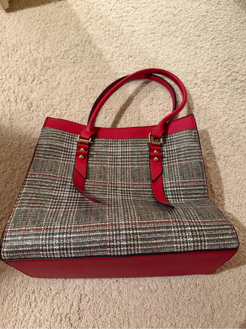 Red Plaid Tote Bag with Leather Trim